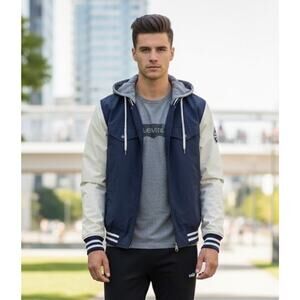 Levi's Mens Sz L Blue White Colorblock Hooded Varsity Jacket Athletic Leisure